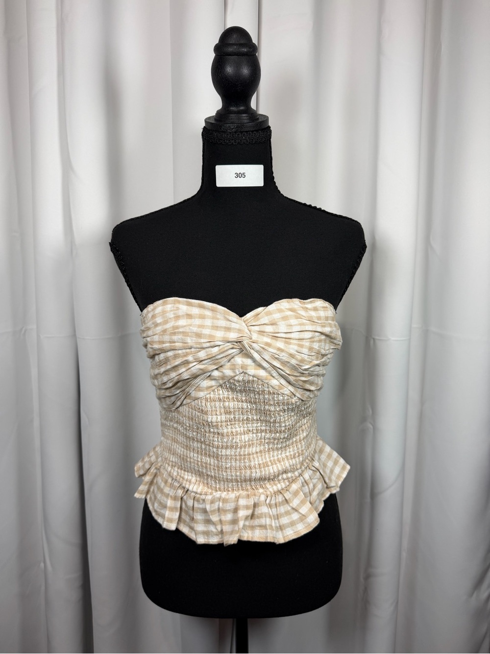 Japna XS Gingham Strapless Crop Top Smocked Sweetheart Ruffle Peplum Cotton
